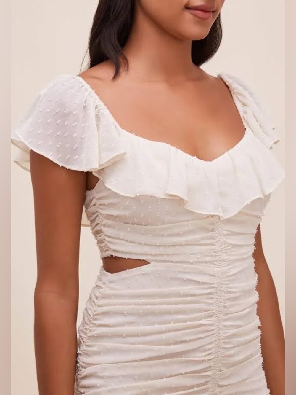ASTR the Label Ivory White Devereaux Ruffle Ruched Flowy Mermaid Midi Dress LRG - Picture 13 of 13